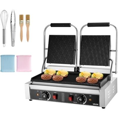 VEVOR Parrilla de Contacto Eléctrica 3600 W para Sándwiches, de Acero Inoxidable, con Control de Temperatura, Doble Placa Esmaltada Acanalada de 48 x 23 cm para Hamburguesas, Filetes y Tocino VEVOR Parrilla de Contacto Eléctrica 3600 W para Sándwiches, de Acero Inoxidable, con Control de Temperatura, Doble Placa Esmaltada Acanalada de 48 x 23 cm para Hamburguesas, Filetes y Tocino