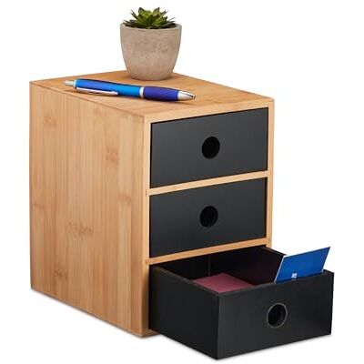 Relaxdays Organizador Escritorio, 3 Cajones, Rectangular, Bambú y MDF, 21 x 15 x 20 cm, Sobremesa, Natural y Negro Relaxdays Organizador Escritorio, 3 Cajones, Rectangular, Bambú y MDF, 21 x 15 x 20 cm, Sobremesa, Natural y Negro