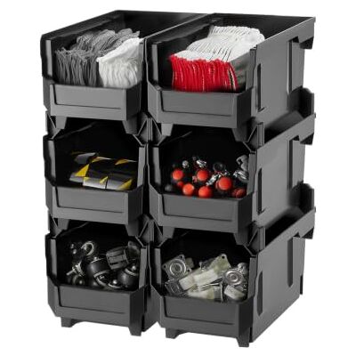 VEVOR Cajas Apilables, 377 x 215 x 180 mm, Cajas de Almacenamiento con Apertura Frontal, para Organizar y Guardar Piezas Pequeñas, Suministros de Oficina y Otros Accesorios, Color Negro, 6 uds VEVOR Cajas Apilables, 377 x 215 x 180 mm, Cajas de Almacenamiento con Apertura Frontal, para Organizar y Guardar Piezas Pequeñas, Suministros de Oficina y Otros Accesorios, Color Negro, 6 uds
