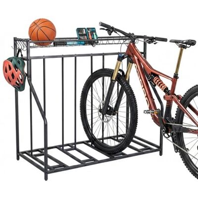 Relaxdays Soporte de suelo para 4 bicicletas, ancho de rueda ajustable, cesta y 6 ganchos, regulable, negro Relaxdays Soporte de suelo para 4 bicicletas, ancho de rueda ajustable, cesta y 6 ganchos, regulable, negro
