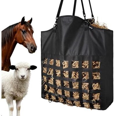 VEVOR Bolsa de Heno para Caballos, 55 x 18,5 x 64 cm, Agujeros 46 x 46 mm, Fabricada en Nailon, con Revestimiento Impermeable de PVC, Correas de Suspensión Ajustables y Ganchos Metálicos, Negro VEVOR Bolsa de Heno para Caballos, 55 x 18,5 x 64 cm, Agujeros 46 x 46 mm, Fabricada en Nailon, con Revestimiento Impermeable de PVC, Correas de Suspensión Ajustables y Ganchos Metálicos, Negro
