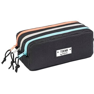 Viquel – Estuche Escolar Teknik Negro para niños – Poliéster 600D Resistente – 3 Compartimentos, 3 Cremalleras de Color y Cuerdas – Parche Decorativo – Negro Viquel – Estuche Escolar Teknik Negro para niños – Poliéster 600D Resistente – 3 Compartimentos, 3 Cremalleras de Color y Cuerdas – Parche Decorativo – Negro