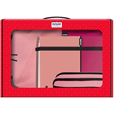 DOHE Pack Material Escolar Mochila Ergonómica 17 Litros, Carpeta A4 de anillas con 100 Hojas y Estuche Portatodo Triple Material escolar Color Rosa DUO DOHE Pack Material Escolar Mochila Ergonómica 17 Litros, Carpeta A4 de anillas con 100 Hojas y Estuche Portatodo Triple Material escolar Color Rosa DUO