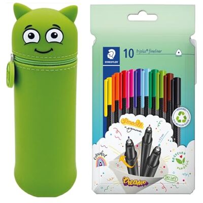 COLOP Estuche MARKY con diseño Emoji en Verde, Silicona Suave y Resistente, Incl. 10 rotuladores STAEDTLER triplus 334, Triangular, Punta superfina, Aprox. 0.3 mm, Fabricado con 97% de Material Reciclado COLOP Estuche MARKY con diseño Emoji en Verde, Silicona Suave y Resistente, Incl. 10 rotuladores STAEDTLER triplus 334, Triangular, Punta superfina, Aprox. 0.3 mm, Fabricado con 97% de Material Reciclado