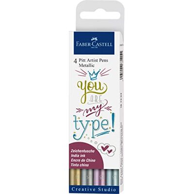 Faber-Castell 167304 Pitt Artist Pen Lápiz de tinta metálica, estuche de 4 Faber-Castell 167304 Pitt Artist Pen Lápiz de tinta metálica, estuche de 4