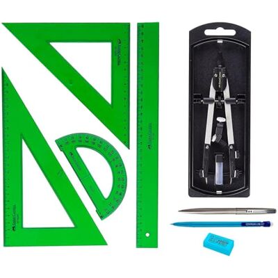 Faber-Castell PACK LOTE F Castell. Juego de Reglas Verdes 65021 escuadra, cartabón, regla y semicírculo + Bigotera Compás con adaptador universal 32722-8 + REGALO Faber-Castell PACK LOTE F Castell. Juego de Reglas Verdes 65021 escuadra, cartabón, regla y semicírculo + Bigotera Compás con adaptador universal 32722-8 + REGALO