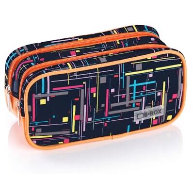 Favorit , Estuche para Maquillaje, 2 Compartimentos y Cremalleras, Ampliable y versátil, Estampado geométrico Azul y Naranja, Formato 22 x 10 x 10 cm Favorit , Estuche para Maquillaje, 2 Compartimentos y Cremalleras, Ampliable y versátil, Estampado geométrico Azul y Naranja, Formato 22 x 10 x 10 cm
