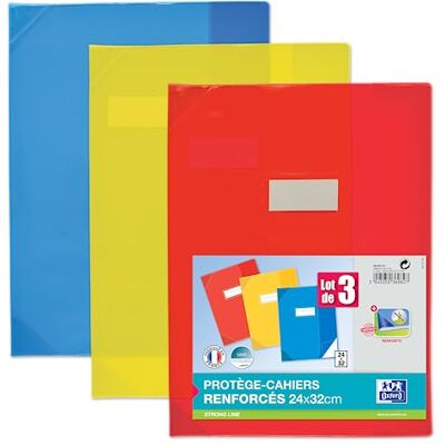 Oxford Juego de 3 protectores de cuadernos Strong Line (24 x 32 cm, PVC translúcido, 15/100º, colores surtidos Oxford Juego de 3 protectores de cuadernos Strong Line (24 x 32 cm, PVC translúcido, 15/100º, colores surtidos