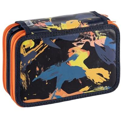 Favorit Estuche escolar con 3 compartimentos para la escuela, incluye papelería, 20 x 13 x 7,5 cm, camuflaje negro Favorit Estuche escolar con 3 compartimentos para la escuela, incluye papelería, 20 x 13 x 7,5 cm, camuflaje negro