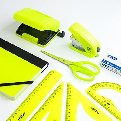 MILAN ® Pack reglas dibujo técnico, grapadora, perforadora, tijeras oficina y libreta, Serie Acid amarillo MILAN ® Pack reglas dibujo técnico, grapadora, perforadora, tijeras oficina y libreta, Serie Acid amarillo