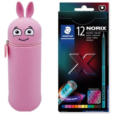 COLOP Estuche MARKY en diseño Emoji en Rosa, Silicona Suave y Resistente, Incl. 12 lápices de Color STAEDTLER NORIX 186, Forma única, Hecho de Madera reciclada COLOP Estuche MARKY en diseño Emoji en Rosa, Silicona Suave y Resistente, Incl. 12 lápices de Color STAEDTLER NORIX 186, Forma única, Hecho de Madera reciclada