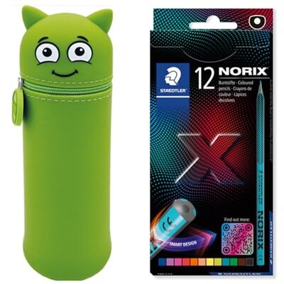 COLOP Estuche MARKY en diseño Emoji en Verde, Silicona Suave y Resistente, Incl. 12 lápices de Color STAEDTLER NORIX 186, Forma única, Hecho de Madera reciclada COLOP Estuche MARKY en diseño Emoji en Verde, Silicona Suave y Resistente, Incl. 12 lápices de Color STAEDTLER NORIX 186, Forma única, Hecho de Madera reciclada