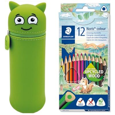 COLOP Estuche MARKY en diseño Emoji en Verde, Silicona Suave y Resistente, Incl. 12 lápices de Color STAEDTLER Noris Color 187, Formato Triangular ergonómico, Fabricado en Madera reciclada COLOP Estuche MARKY en diseño Emoji en Verde, Silicona Suave y Resistente, Incl. 12 lápices de Color STAEDTLER Noris Color 187, Formato Triangular ergonómico, Fabricado en Madera reciclada