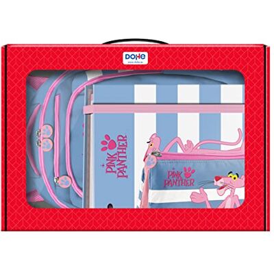 DOHE Pack Material Escolar Mochila Ergonómica 14 Litros, Carpeta A4 de anillas con 100 Hojas y Estuche Portatodo Triple Material escolar Pink Panther Stripes DOHE Pack Material Escolar Mochila Ergonómica 14 Litros, Carpeta A4 de anillas con 100 Hojas y Estuche Portatodo Triple Material escolar Pink Panther Stripes