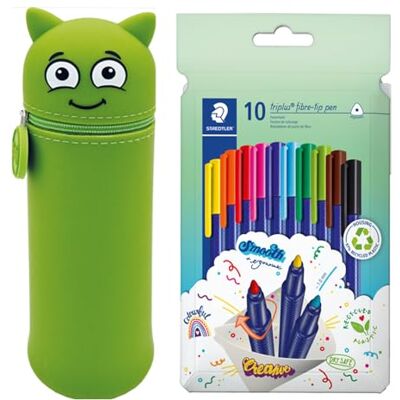 COLOP Estuche MARKY en diseño Emoji en Verde, Silicona Suave y Resistente, Incl. 10 rotuladores STAEDTLER triplus Color 323, Triangular, Punta Resistente a la impresión, Aprox. 1 mm, 97% Material Reciclado COLOP Estuche MARKY en diseño Emoji en Verde, Silicona Suave y Resistente, Incl. 10 rotuladores STAEDTLER triplus Color 323, Triangular, Punta Resistente a la impresión, Aprox. 1 mm, 97% Material Reciclado