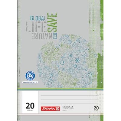 BRUNNEN Cuaderno escolar reciclado A4, línea 20, 16 hojas, verde/gris BRUNNEN Cuaderno escolar reciclado A4, línea 20, 16 hojas, verde/gris