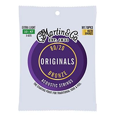Martin Originals M170PK3 Acústico 80/20 Bronce Paquete de 3 Extra Ligero (10-47) Martin Originals M170PK3 Acústico 80/20 Bronce Paquete de 3 Extra Ligero (10-47)