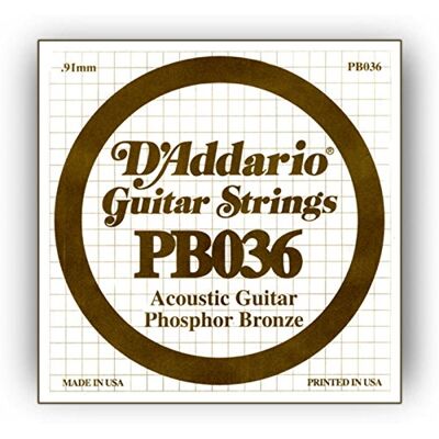 D'Addario PB030, cuerda individual para guitarra acústica, entorchada en bronce fosforado, .036 D'Addario PB030, cuerda individual para guitarra acústica, entorchada en bronce fosforado, .036