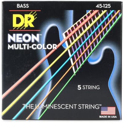 DR Strings HI-DEF NEON™ Cuerdas de bajo multicolor de colores: 5 cuerdas medianas 45-125 DR Strings HI-DEF NEON™ Cuerdas de bajo multicolor de colores: 5 cuerdas medianas 45-125
