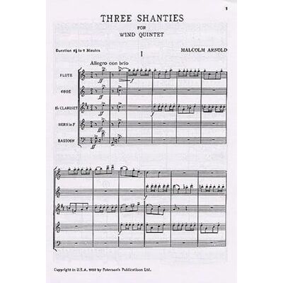 Music Sales Malcolm Arnold: Three Shanties For Wind Quintet Op.4 (Full Score). Partituras para Quinteto de Vientos Music Sales Malcolm Arnold: Three Shanties For Wind Quintet Op.4 (Full Score). Partituras para Quinteto de Vientos