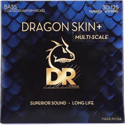 DR Strings Dragon Skin+ Cuerdas cónicas multiescala de 6 cuerdas para bajo, 030-.125 mediano DR Strings Dragon Skin+ Cuerdas cónicas multiescala de 6 cuerdas para bajo, 030-.125 mediano