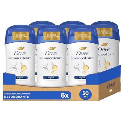 Dove Desodorante en barra antitranspirante original, protección hasta 72 horas, con tecnología pro-ceramida e ingredientes hidratantes, desodorante para hombre y mujer, 6 unidades Dove Desodorante en barra antitranspirante original, protección hasta 72 horas, con tecnología pro-ceramida e ingredientes hidratantes, desodorante para hombre y mujer, 6 unidades