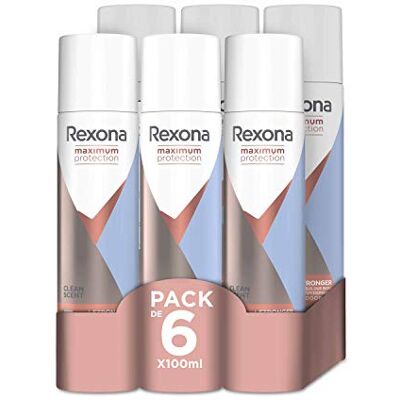Rexona Maximum Protection Desodorante Aerosol Antitranspirante para mujer Clean Scent 100ml Pack de 6 Rexona Maximum Protection Desodorante Aerosol Antitranspirante para mujer Clean Scent 100ml Pack de 6