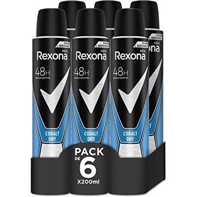Rexona Desodorante Aerosol Antitranspirante para hombre Cobalt Dry 200ml Pack de 6, El embalaje puede variar Rexona Desodorante Aerosol Antitranspirante para hombre Cobalt Dry 200ml Pack de 6, El embalaje puede variar
