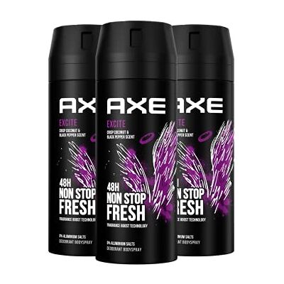 AXE Spray corporal Excite desodorante sin aluminio proporciona una protección eficaz contra el olor corporal durante 48 horas, 3 x 150 ml AXE Spray corporal Excite desodorante sin aluminio proporciona una protección eficaz contra el olor corporal durante 48 horas, 3 x 150 ml