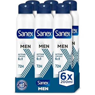 Sanex Men Active Control Desodorante Spray para Hombre, Pack 6 uds x 200 ml, Protección 72H, Antitranspirante, Anti Irritación, 0% Alcohol, Combate el Mal Olor, Protección Larga Duración Sanex Men Active Control Desodorante Spray para Hombre, Pack 6 uds x 200 ml, Protección 72H, Antitranspirante, Anti Irritación, 0% Alcohol, Combate el Mal Olor, Protección Larga Duración