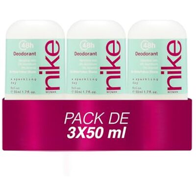 Nike A Sparkling Day Pack de 3 x 50 ml, Desodorante Mujer Roll-On, Desodorante Antimanchas para Piel Sensible, 0% Alcohol y 0% Sales de Aluminio, Larga Duración, Fragancia Floral Oriental Nike A Sparkling Day Pack de 3 x 50 ml, Desodorante Mujer Roll-On, Desodorante Antimanchas para Piel Sensible, 0% Alcohol y 0% Sales de Aluminio, Larga Duración, Fragancia Floral Oriental