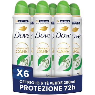Dove Desodorante en spray Advanced Care Go Fresh Pepino, fórmula hidratante y delicada, piel seca hasta 72 horas, desodorante para hombre y mujer, 6 unidades de 200 ml Dove Desodorante en spray Advanced Care Go Fresh Pepino, fórmula hidratante y delicada, piel seca hasta 72 horas, desodorante para hombre y mujer, 6 unidades de 200 ml