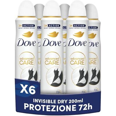 Dove Advanced Care Invisible Dry Desodorante en aerosol con fórmula hidratante y amigable con la piel, fórmula anti-manchas, piel seca hasta 72 horas, desodorante para mujeres y hombres, 6 unidades Dove Advanced Care Invisible Dry Desodorante en aerosol con fórmula hidratante y amigable con la piel, fórmula anti-manchas, piel seca hasta 72 horas, desodorante para mujeres y hombres, 6 unidades
