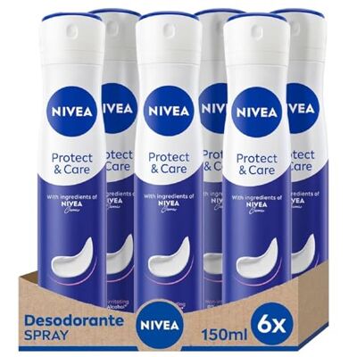NIVEA Protect & Care Spray Desodorante 6 x 150 ml, desodorante antitranspirante sin alcohol etílico, desodorante perfumado y no irritante para una protección eficaz NIVEA Protect & Care Spray Desodorante 6 x 150 ml, desodorante antitranspirante sin alcohol etílico, desodorante perfumado y no irritante para una protección eficaz