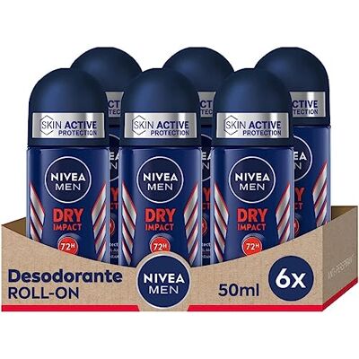 NIVEA MEN Dry Impact Desodorante Antitranspirante para Hombre Roll-on 72h de Protección Fiable contra el Sudor Sin Alcohol Con 2 Activos Antibacterianos Todo tipo de Piel Pack de 6 x 50 ml NIVEA MEN Dry Impact Desodorante Antitranspirante para Hombre Roll-on 72h de Protección Fiable contra el Sudor Sin Alcohol Con 2 Activos Antibacterianos Todo tipo de Piel Pack de 6 x 50 ml