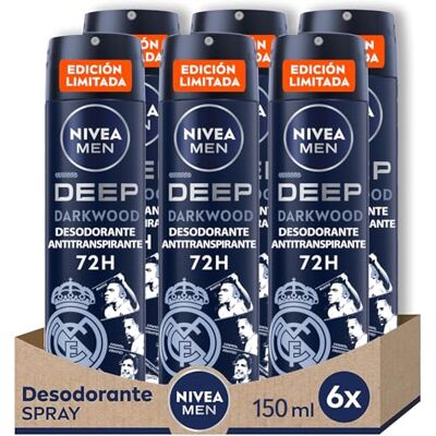 NIVEA MEN Deep Darkwood Desodorante Antitranspirante Edición Limitada Real Madrid Pack de 6 x 150ml Protección 72h Contrael Sudor y Mal Olor Carbón Negro Fragancia Masculina Reduce Bacterias NIVEA MEN Deep Darkwood Desodorante Antitranspirante Edición Limitada Real Madrid Pack de 6 x 150ml Protección 72h Contrael Sudor y Mal Olor Carbón Negro Fragancia Masculina Reduce Bacterias