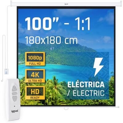 iggual Pantalla Proyección 100" Pulgadas Eléctrica Enrollable -Cuadrada 1:1 -Caída Ajustable -Mando Distancia e Interruptor Aux- Apto Pared/Techo -Compatible 4k y Cualquier Proyector (180x180cm) iggual Pantalla Proyección 100" Pulgadas Eléctrica Enrollable -Cuadrada 1:1 -Caída Ajustable -Mando Distancia e Interruptor Aux- Apto Pared/Techo -Compatible 4k y Cualquier Proyector (180x180cm)