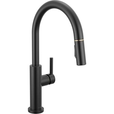 DELTA Nicoli Grifo de cocina negro y dorado con pulverizador extraíble, moderno grifo de fregadero de cocina de un solo agujero, mango único, negro mate/bronce champán DELTA Nicoli Grifo de cocina negro y dorado con pulverizador extraíble, moderno grifo de fregadero de cocina de un solo agujero, mango único, negro mate/bronce champán