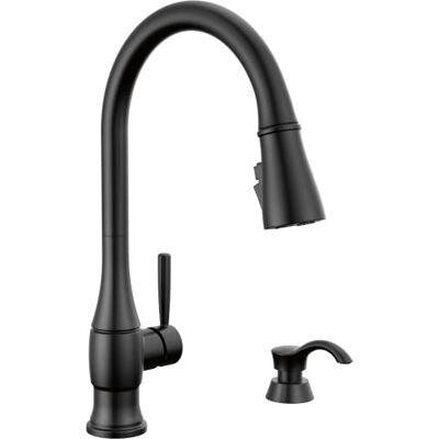 DELTA Hazelwood Grifo de cocina negro mate con pulverizador extraíble y dispensador de jabón, moderno grifo de fregadero de cocina de un solo agujero, mango único, negro mate DELTA Hazelwood Grifo de cocina negro mate con pulverizador extraíble y dispensador de jabón, moderno grifo de fregadero de cocina de un solo agujero, mango único, negro mate