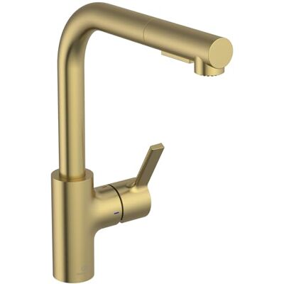 Ideal Standard – Gusto Monomando de cocina, Caño redondo en L, con rociador extraíble y dos modos de chorro, caño giratorio 360°, fácil de instalar con fijación EasyFix+, Oro Cepillado Ideal Standard – Gusto Monomando de cocina, Caño redondo en L, con rociador extraíble y dos modos de chorro, caño giratorio 360°, fácil de instalar con fijación EasyFix+, Oro Cepillado