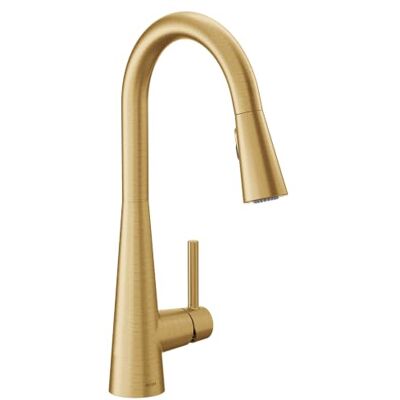 Moen Elegante grifo de cocina moderno con un mango de arco alto con impulso de potencia, dorado cepillado Moen Elegante grifo de cocina moderno con un mango de arco alto con impulso de potencia, dorado cepillado