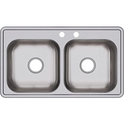 Elkay Fregadero de cocina de acero inoxidable calibre 22, 83.8 cm x 48.26 cm x 16.4 cm, montaje superior de doble tazón, solo rociador inferior, satinado, 33 x 19 x 6.4375 Elkay Fregadero de cocina de acero inoxidable calibre 22, 83.8 cm x 48.26 cm x 16.4 cm, montaje superior de doble tazón, solo rociador inferior, satinado, 33 x 19 x 6.4375
