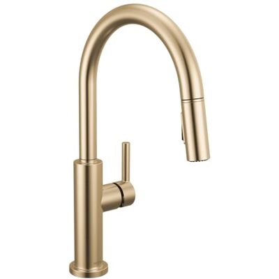 DELTA Nicoli Grifo de cocina dorado cepillado con pulverizador extraíble, moderno grifo de fregadero de cocina de un solo agujero, mango único, bronce champán DELTA Nicoli Grifo de cocina dorado cepillado con pulverizador extraíble, moderno grifo de fregadero de cocina de un solo agujero, mango único, bronce champán