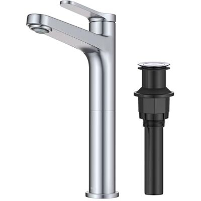 Kraus Indy Grifo de baño para fregadero de recipiente en cromo con un solo mango, drenaje desplegable y líneas de suministro, Kraus Indy Grifo de baño para fregadero de recipiente en cromo con un solo mango, drenaje desplegable y líneas de suministro,