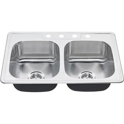 American Standard Colony Fregadero de cocina de acero inoxidable de 4 agujeros de doble tazón de 33 x 22 pulgadas American Standard Colony Fregadero de cocina de acero inoxidable de 4 agujeros de doble tazón de 33 x 22 pulgadas