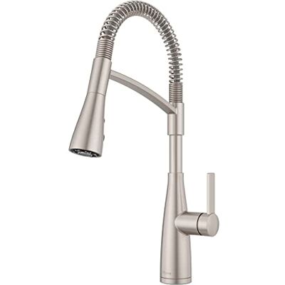 PFISTER Kwan Grifo para fregadero de cocina de arco alto con pulverizador desplegable en acero inoxidable para defensa contra puntos PFISTER Kwan Grifo para fregadero de cocina de arco alto con pulverizador desplegable en acero inoxidable para defensa contra puntos