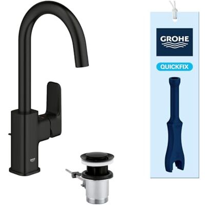 Grohe Dice Grifo lavabo con desagüe Pop-Up, Talla L, caño en C giratorio 90°, cartucho cerámico 28mm, eficiencia energética y ahorro agua, latiguillos 3/8", QuickTool, Negro Mate, Grohe Dice Grifo lavabo con desagüe Pop-Up, Talla L, caño en C giratorio 90°, cartucho cerámico 28mm, eficiencia energética y ahorro agua, latiguillos 3/8", QuickTool, Negro Mate,