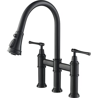 Kraus Allyn Grifo de cocina de puente de transición con cabezal de pulverización extraíble en negro mate Kraus Allyn Grifo de cocina de puente de transición con cabezal de pulverización extraíble en negro mate