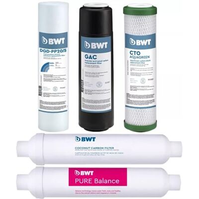 BWT Juego de filtros de repuesto universales de 10" para sistemas de ósmosis inversa Incluye 3 etapas de prefiltros más Balance y postfiltro Ciclo de reemplazo de 6 meses BWT Juego de filtros de repuesto universales de 10" para sistemas de ósmosis inversa Incluye 3 etapas de prefiltros más Balance y postfiltro Ciclo de reemplazo de 6 meses