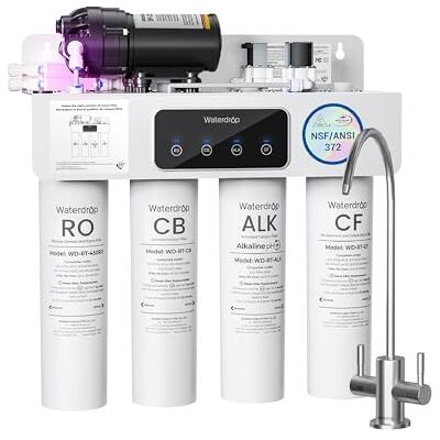 Waterdrop T4-A Sistema de Ósmosis Inversa Alcalina pH+, 450 GPD Certificado NSF/ANSI 372, Proporción 2:1, RO bajo Fregadero sin Depósito, Doble Flujo, 10 Etapas, sin BPA, Requiere Enchufe Waterdrop T4-A Sistema de Ósmosis Inversa Alcalina pH+, 450 GPD Certificado NSF/ANSI 372, Proporción 2:1, RO bajo Fregadero sin Depósito, Doble Flujo, 10 Etapas, sin BPA, Requiere Enchufe